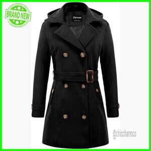 Long Wool Pea Coat with Hood, Double Breasted Trench for Winter